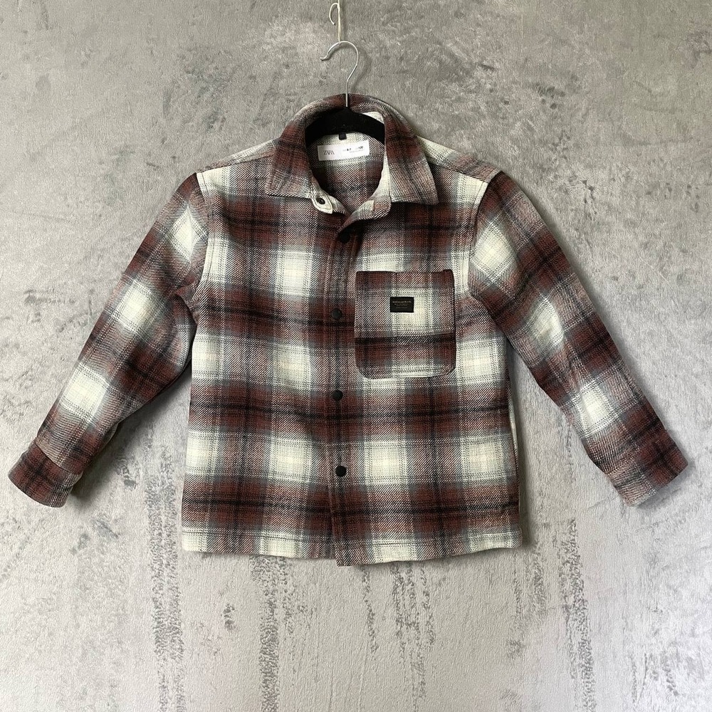 Textured Flannel Button Down Jacket Youth Size 6-7 Brown Grey Pocket Long Sleeve